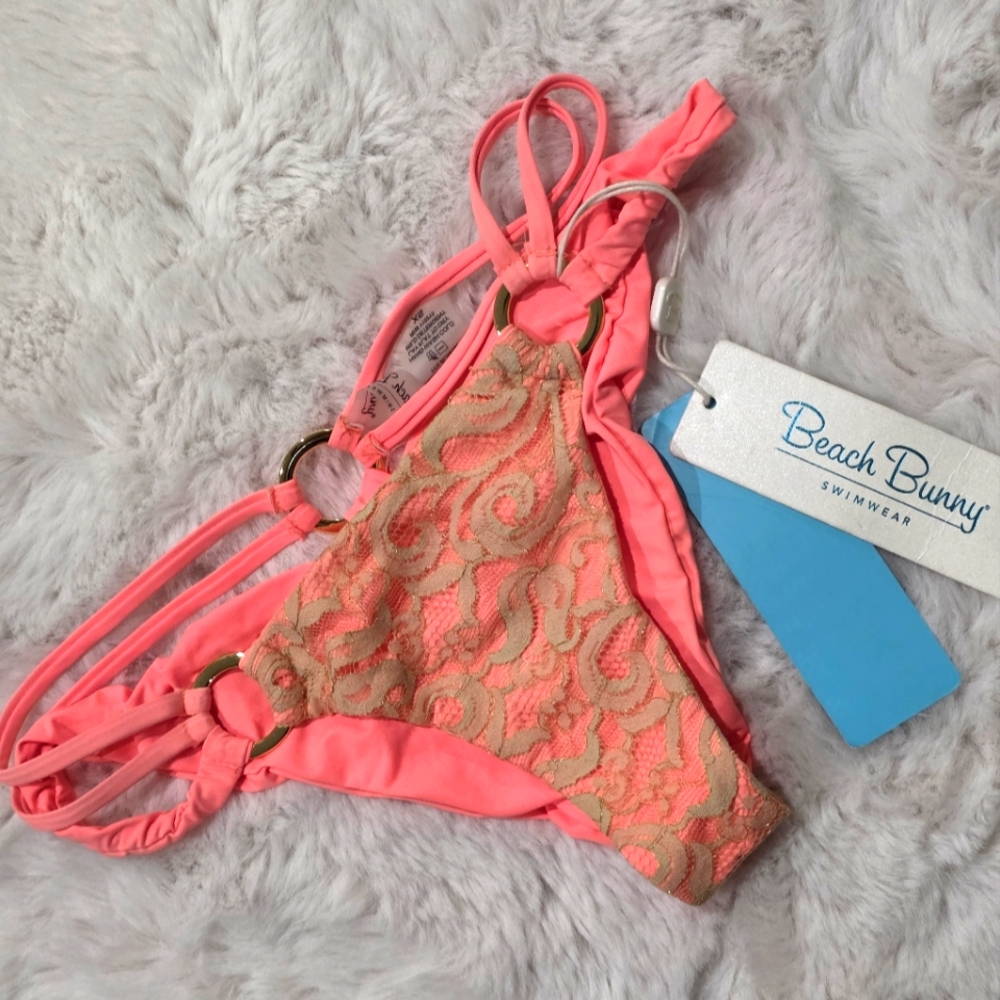 NWT Beach Bunny Coral Gun powder And Lace Skimpy Strappy Bikini Bottoms L